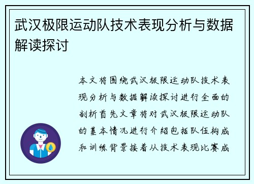 武汉极限运动队技术表现分析与数据解读探讨