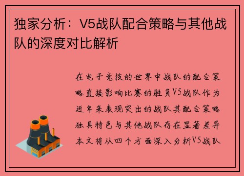 独家分析：V5战队配合策略与其他战队的深度对比解析